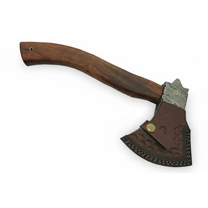 Handmade Damascus Camp Axe with Mosaic Pin and Rosewood Handle