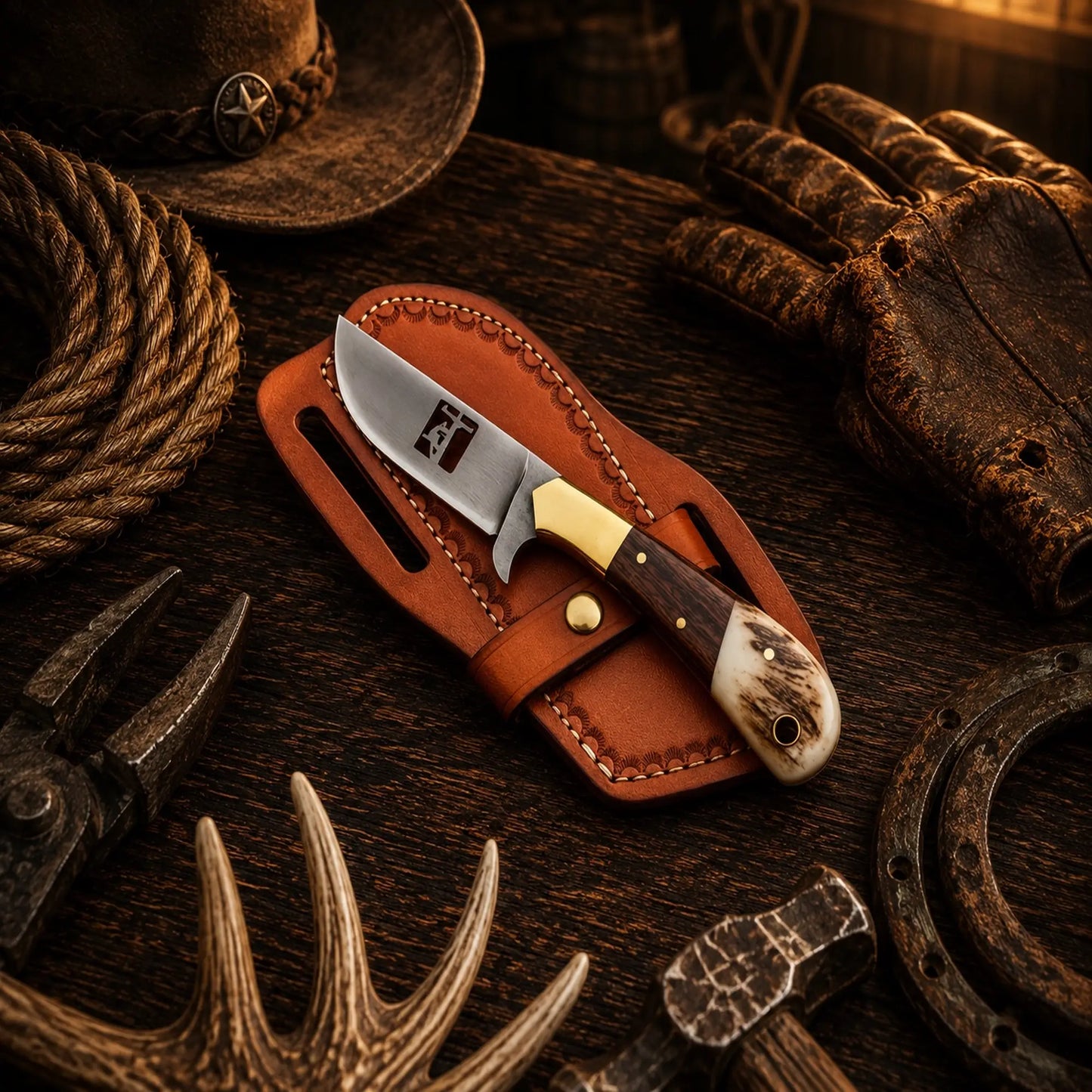 The Prairie Hunter Skinner Knife – Handmade D2 Acid Wash Cowboy Knife