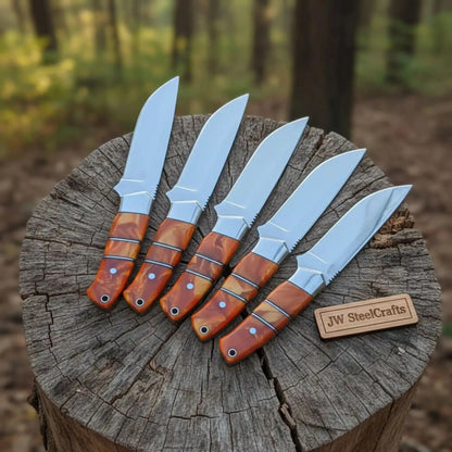 Handmade Artisan Scandi Bushcraft Knife Set 5-Piece with Scandi Grind & Orange Resin Handles