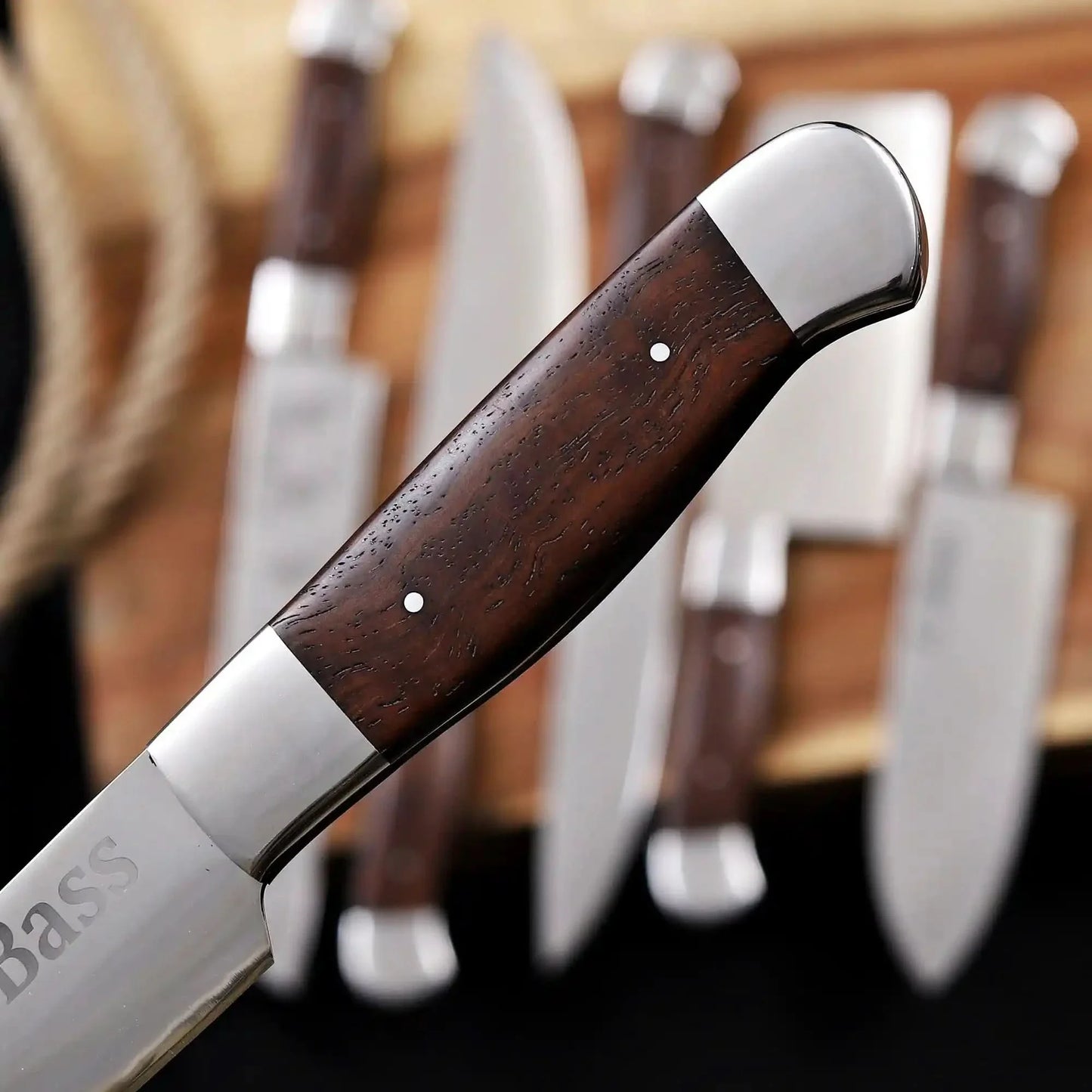 6-Piece High Carbon Steel Kitchen Knife Set with Leather Roll — Olive Wood Handles, Steel Bolsters, 7 to 12 Inc
