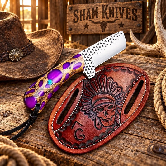 Purple Cholla Cactus Cowboy Bull Cutter – Rasp Steel & Skull pancake Sheath