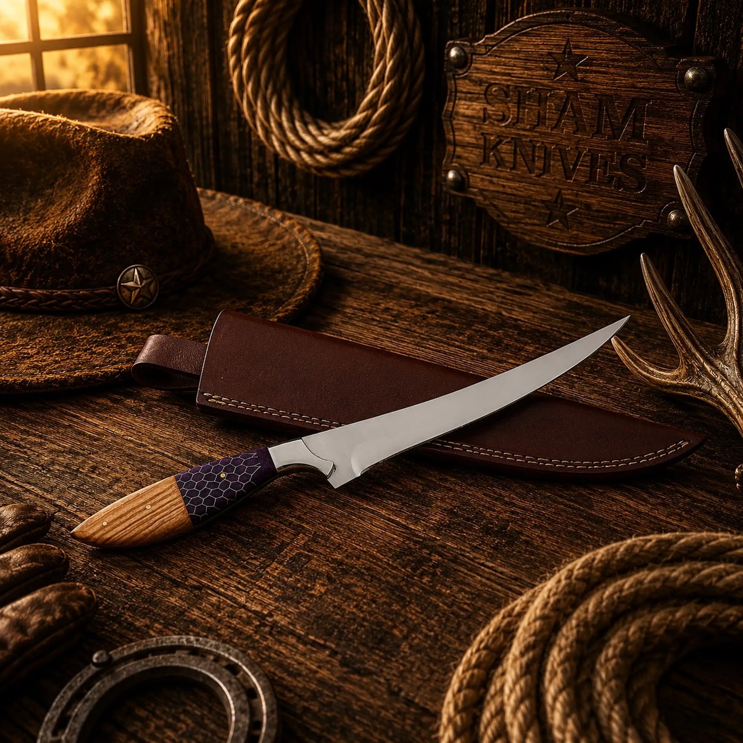 D2 Steel Fillet Knife – Purple Honeycomb & Ash Wood Handle with Sheath