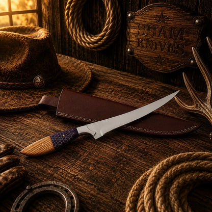 D2 Steel Fillet Knife – Purple Honeycomb & Ash Wood Handle with Sheath