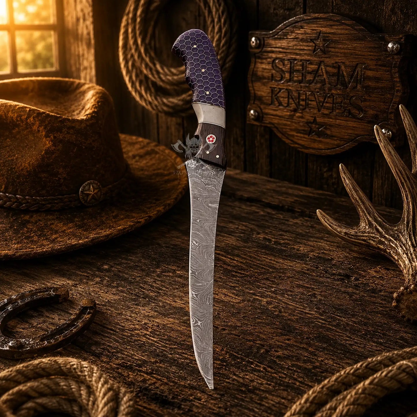 Violet Angler Damascus Steel Fillet Knife – Purple Honeycomb Handle Handmade