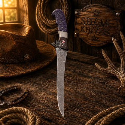 Violet Angler Damascus Steel Fillet Knife – Purple Honeycomb Handle Handmade