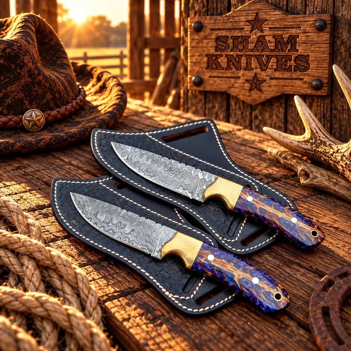 2 pcs Purple Sage Damascus Cowboy Knife – Pine Cone Handle with belt leather sheath