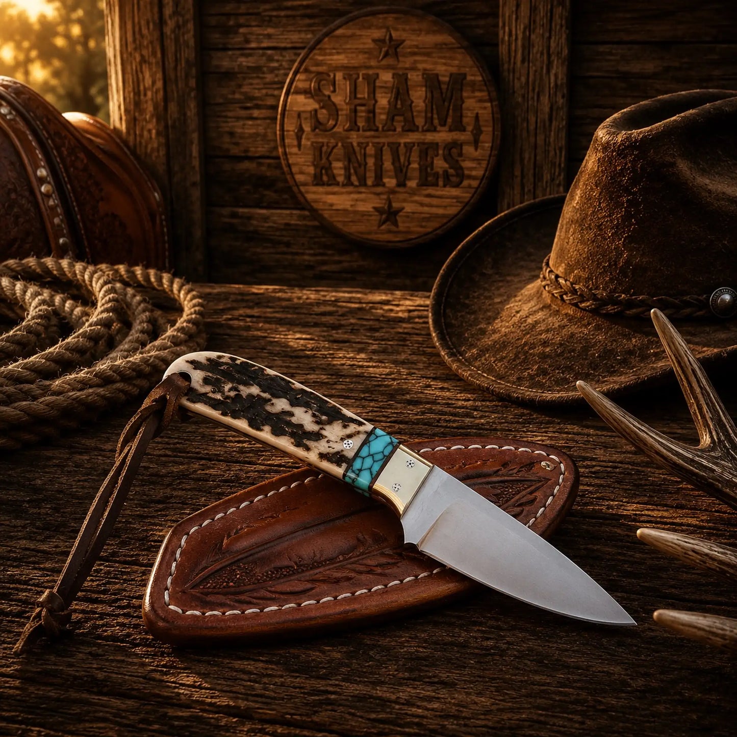 Ranch Buckaroo Knife & Sheath – 3″ D2 Steel, Stag & Turquoise