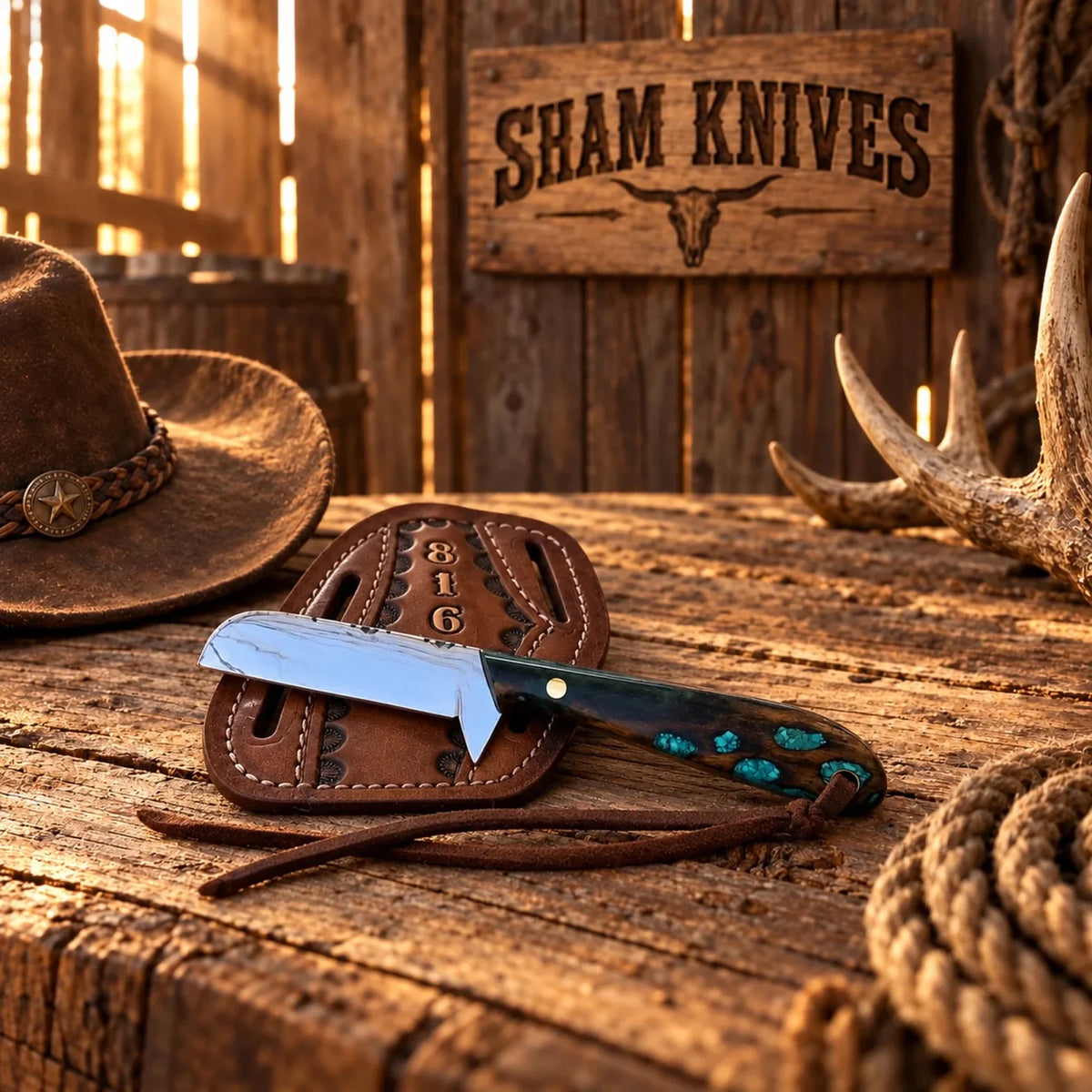 Ranch Bull Cutter Knife - 440C Steel Rose Wood & Turquoise Handle