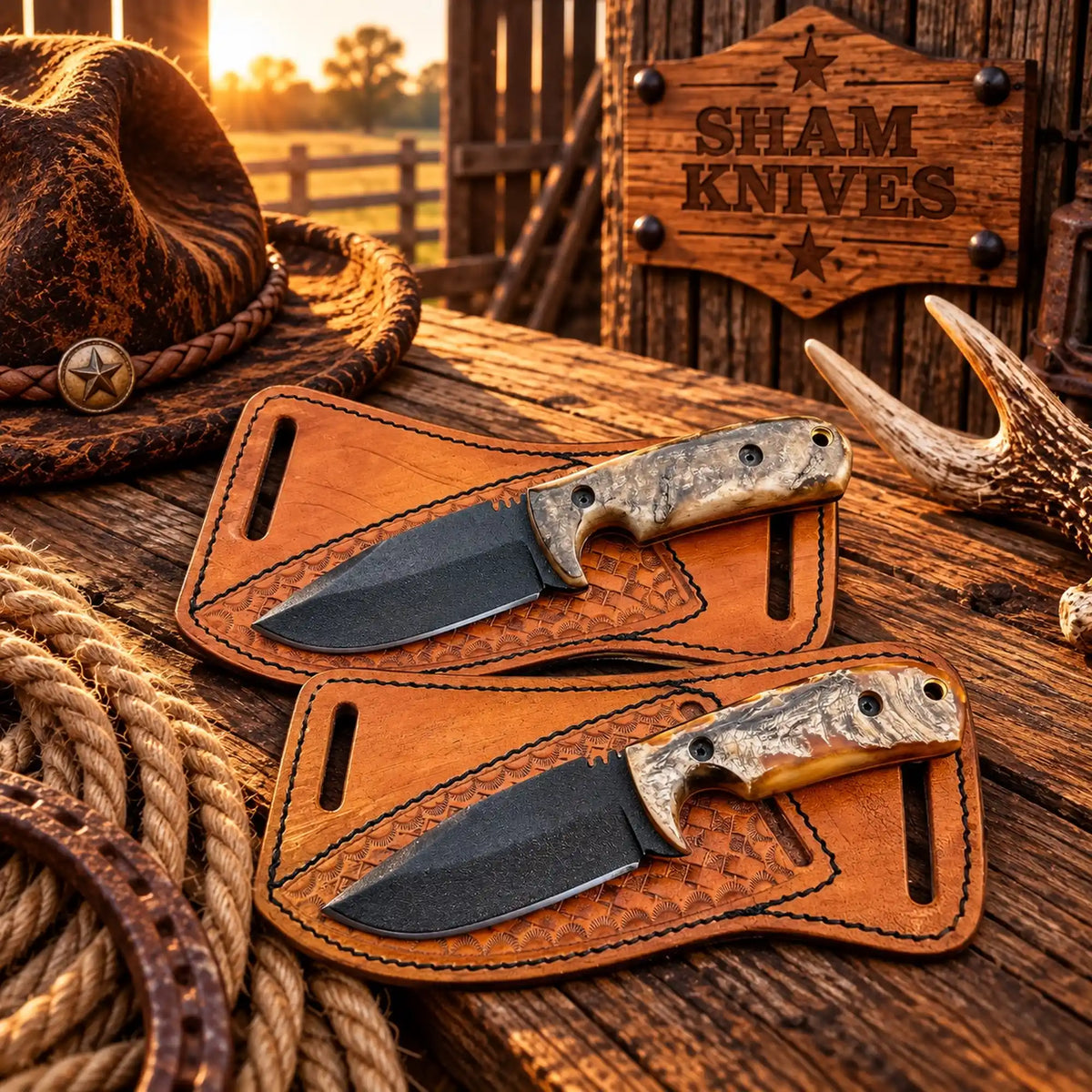 Ranch Cowboy Skinning Knife Set– Powder Coated D2 Steel Ram Horn Handle With Cross draw Pouch