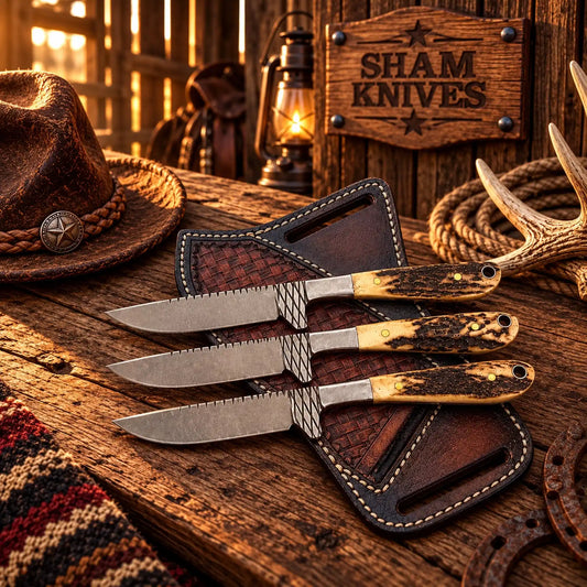 Ranch Hand Rasp Steel Skinning Knife Set – Antler Horn Handles & Cross draw sheath