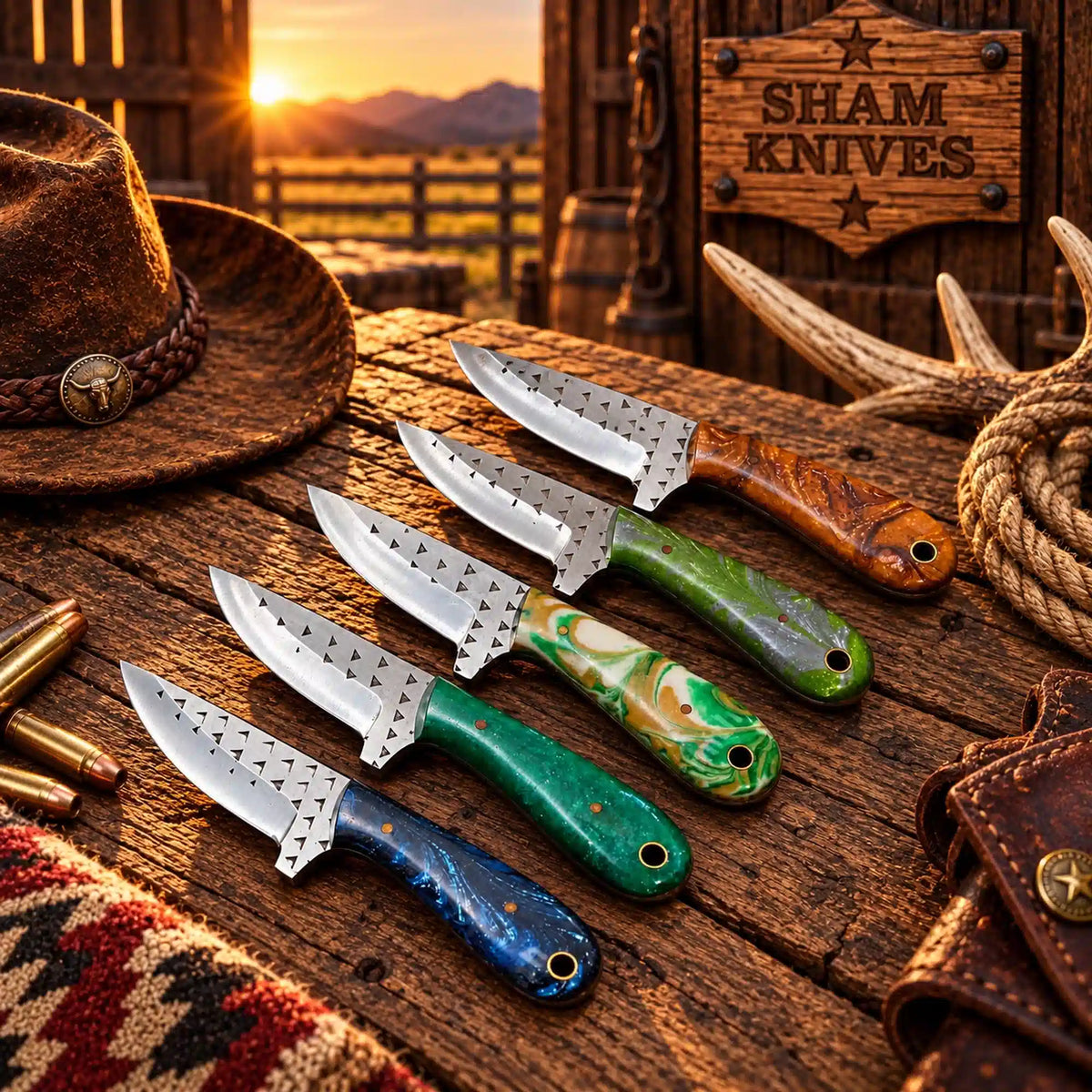 Rancher Forged Rasp Steel Cowboy Knife Set – 5 Knives & Leather Sheath