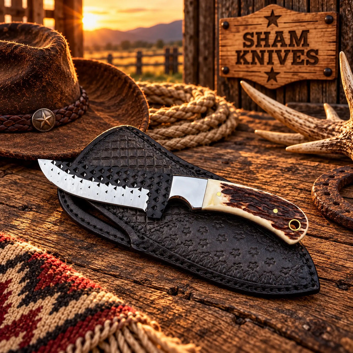 Rancher Western Fixed Blade Knife Rasp File Steel Antler Handle with Tooled Leather Sheath