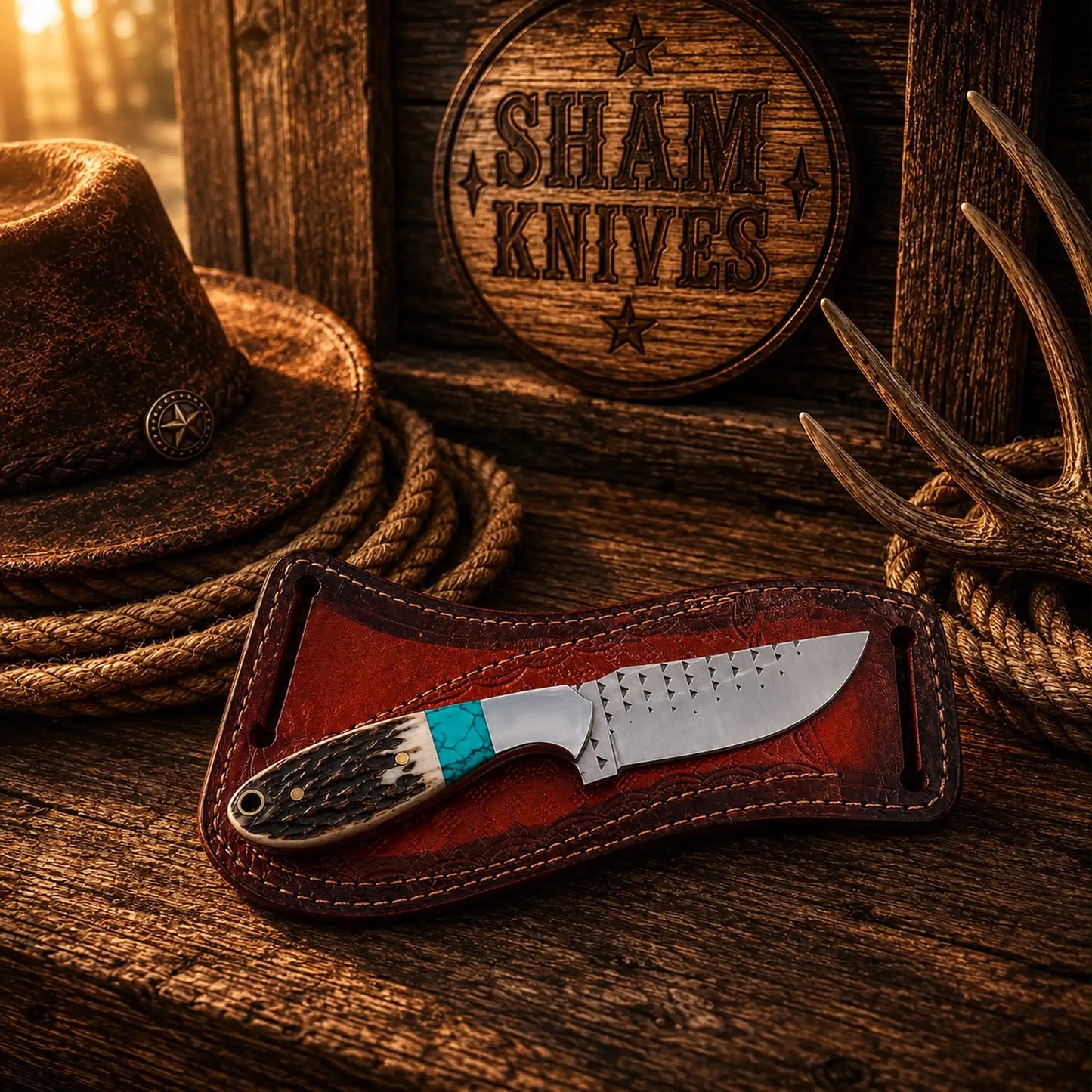 Stag Handle Western Ranch Knife – Rasp Steel & Cross-Draw Sheath