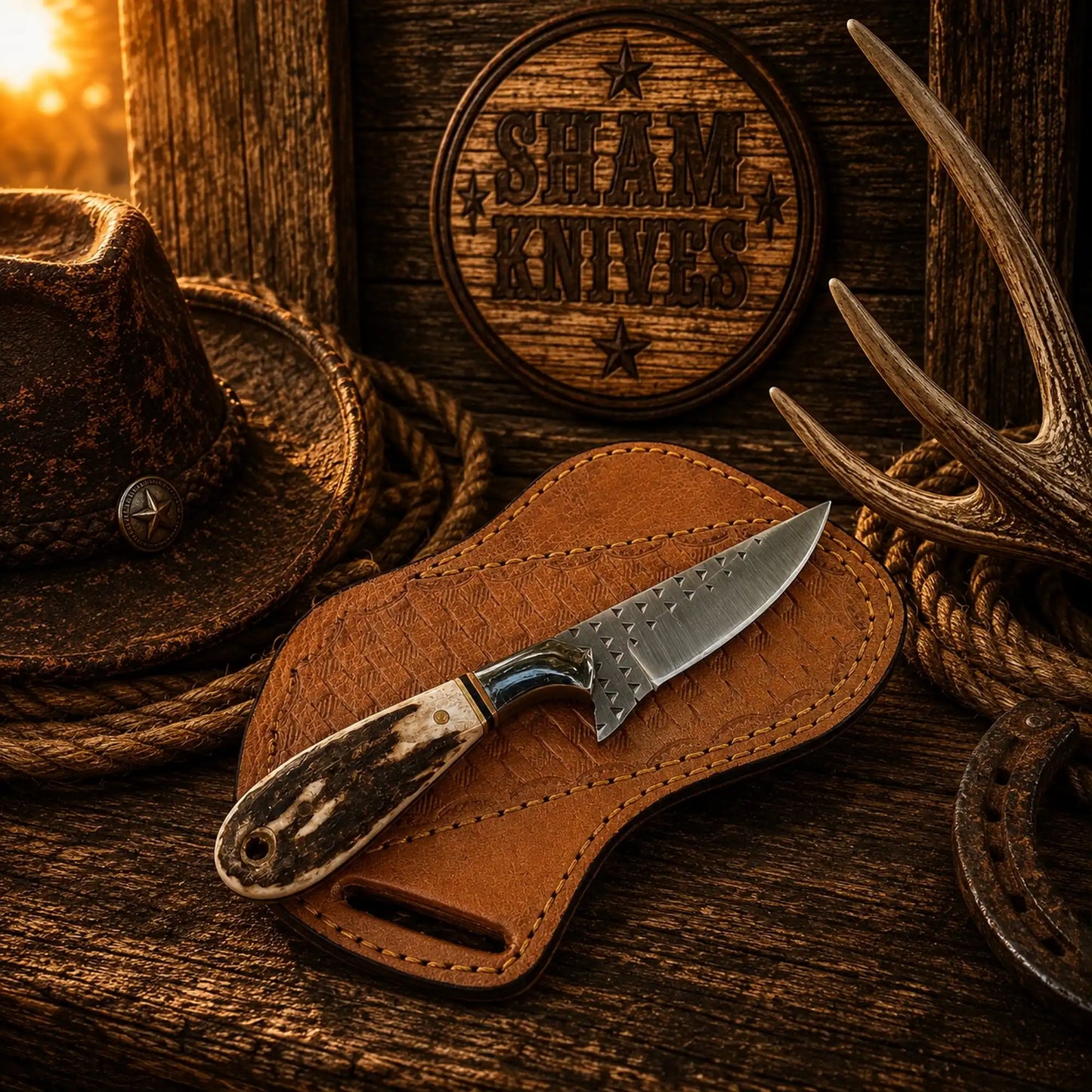 Cowboy Rasp Steel Knife – 3.25″ Stag Handle & Pancake Sheath