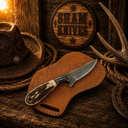 Cowboy Rasp Steel Knife – 3.25″ Stag Handle & Pancake Sheath