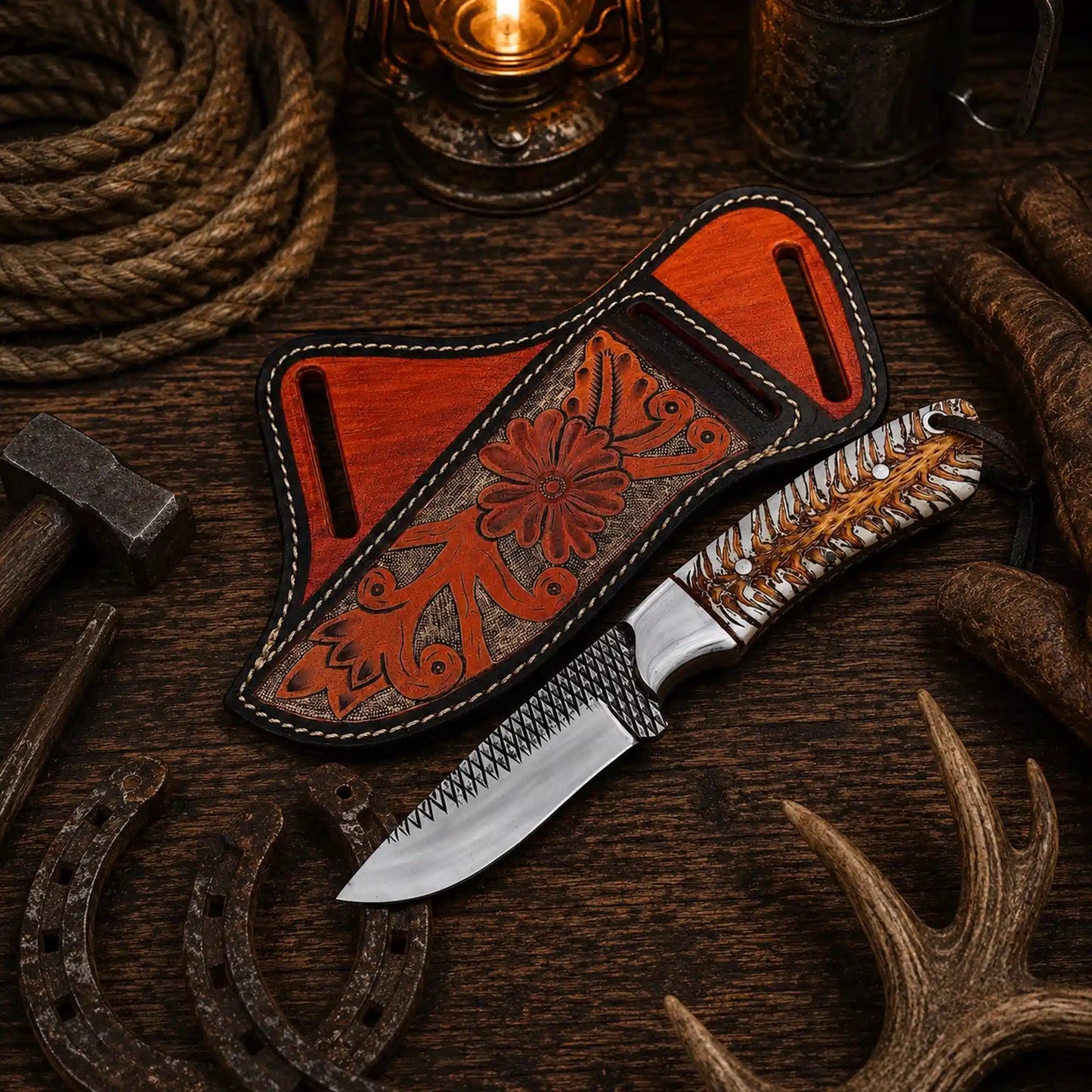 Rasp File Steel Ranch Knife – Pine Cone Handle & Floral Cross Belt Sheath