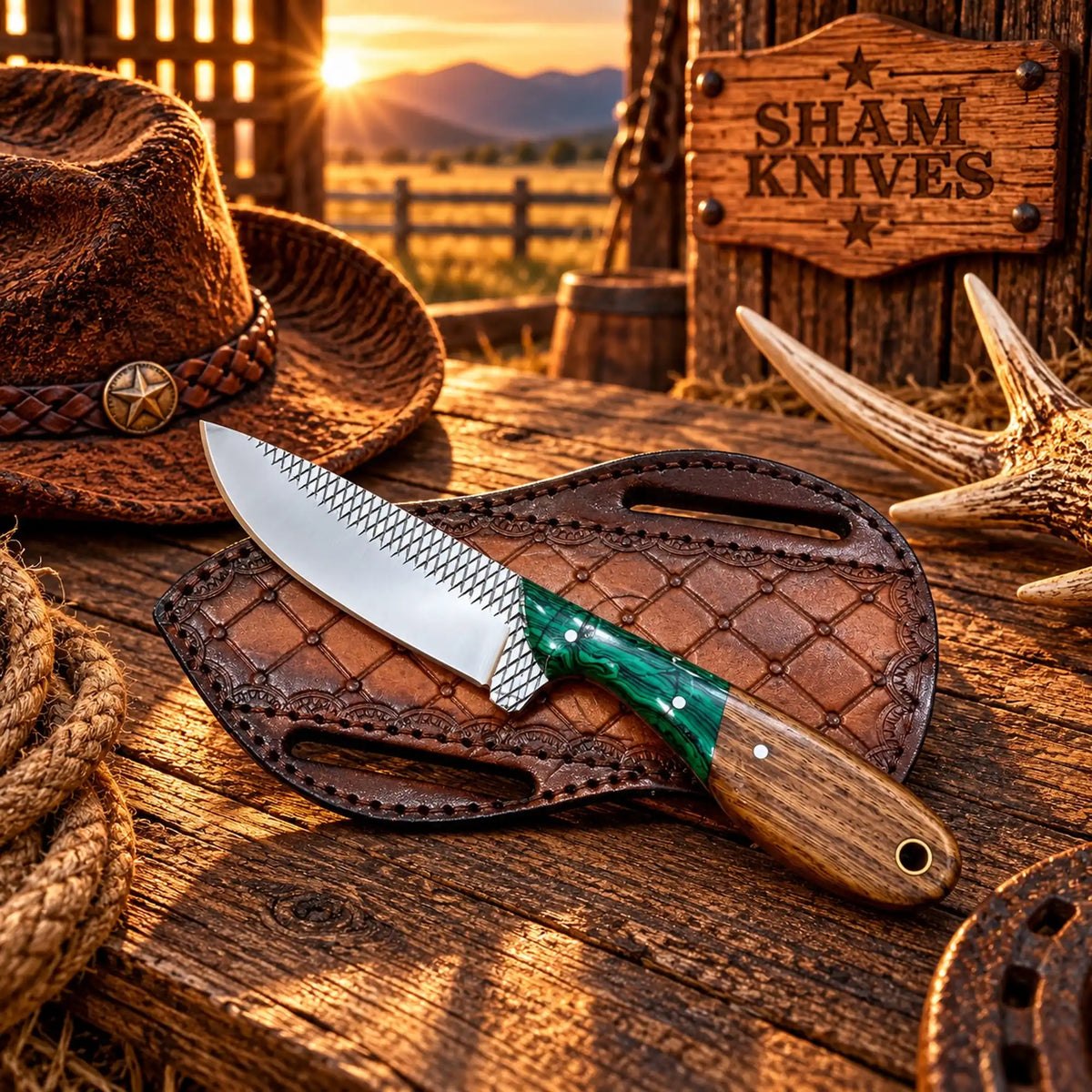 7.5” Hand-Forged Rasp Steel Cowboy Skinning Knife – Green Turquoise & Wood Handle With Tooled Belt Leather Sheath