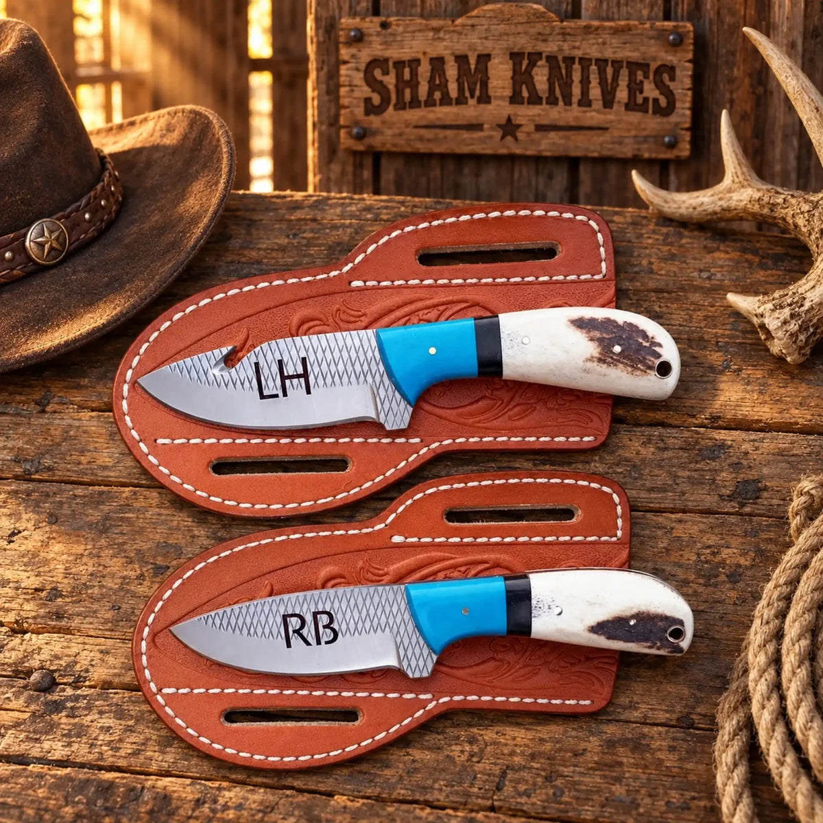 Rasp Steel Gut Hook & Skinning Knife Set – Antler Turquoise Handles