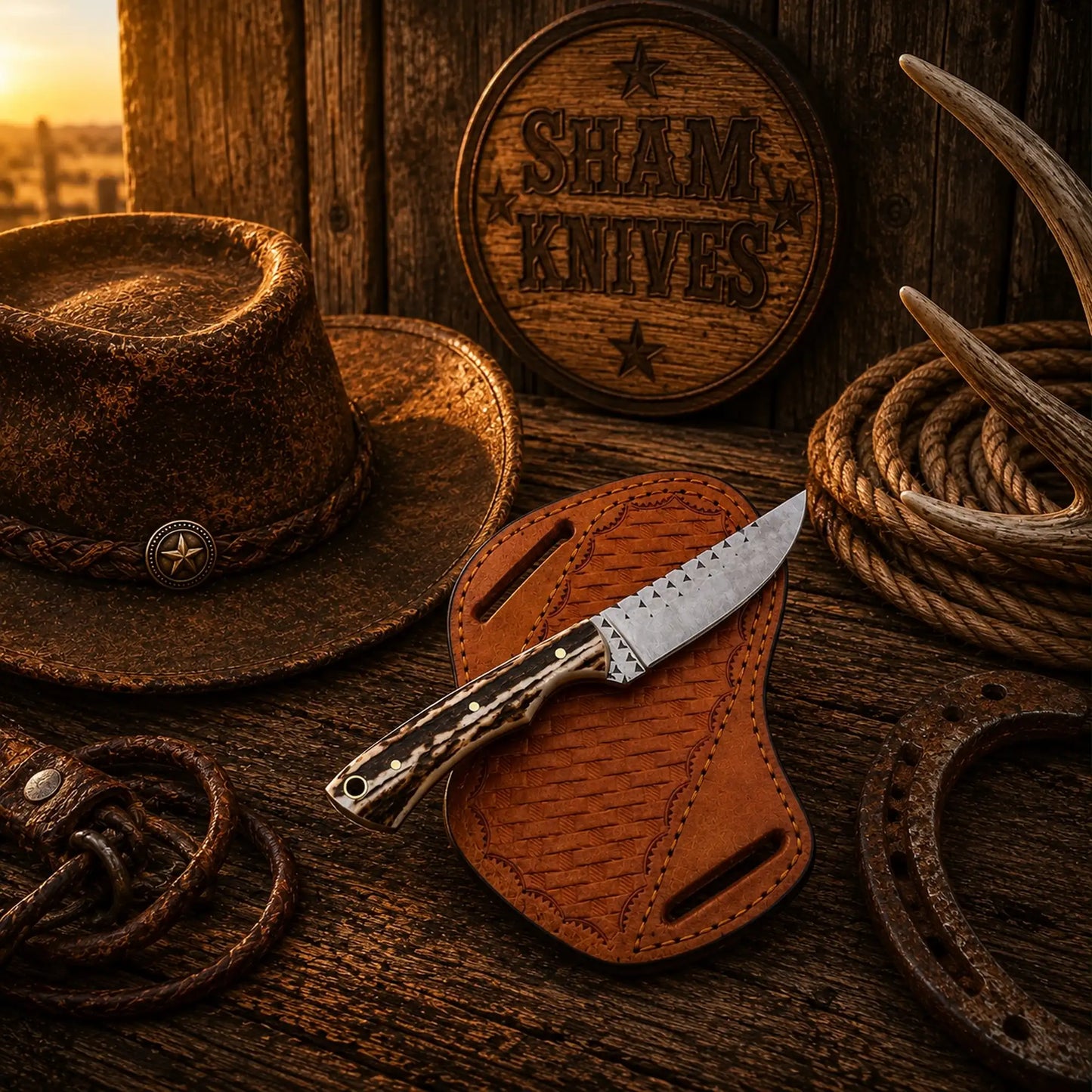 Rasp Steel Ranch Skinning Knife – Stag Handle & Pancake Sheath