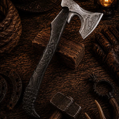 Raven Viking Axe – 1095 Carbon Steel with Hand Carved Ash Handle