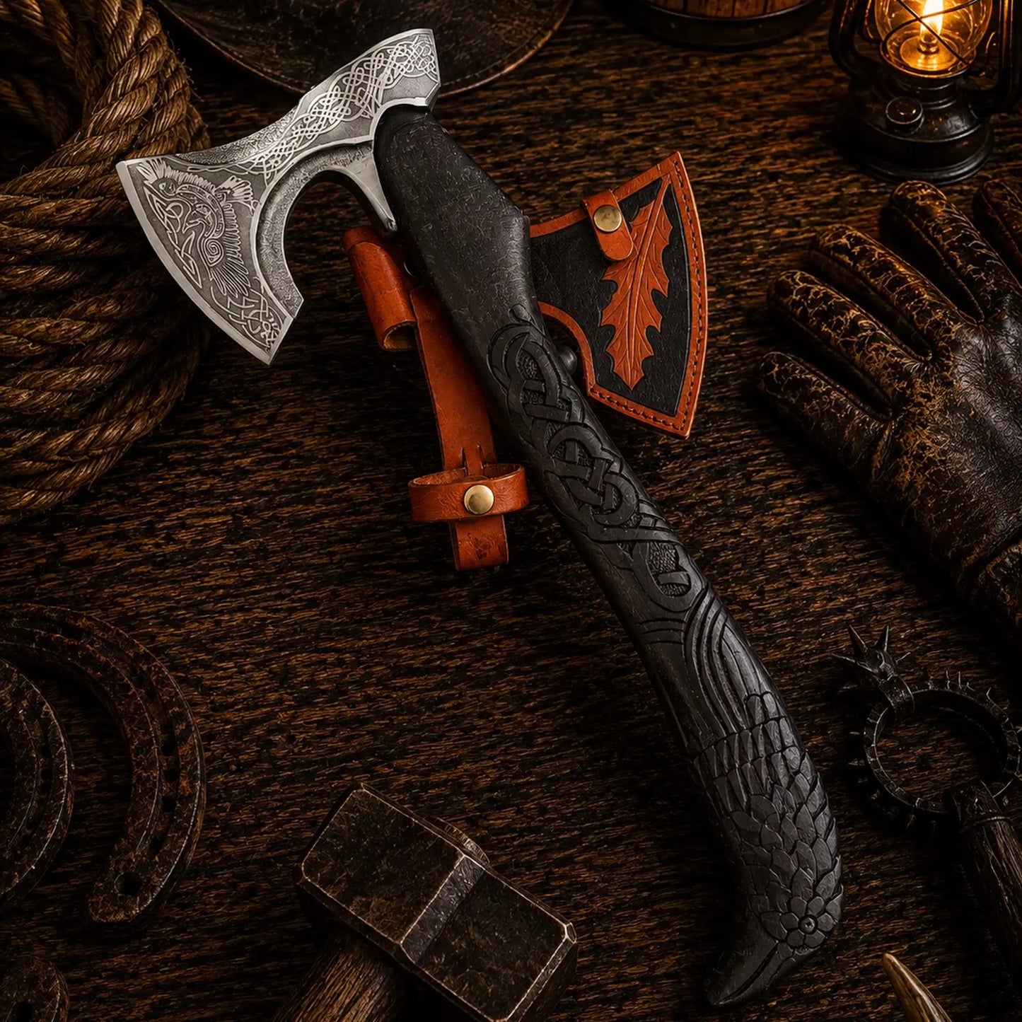 Raven Viking Axe – 1095 Carbon Steel with Hand Carved Ash Handle