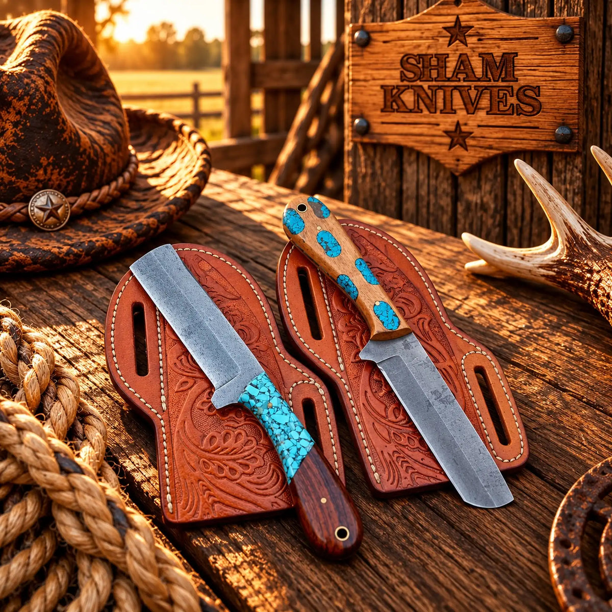 Rio Grande Bull Cutter Knife Set – 4” acid wash blade with Turquoise Inlay Wood Handles