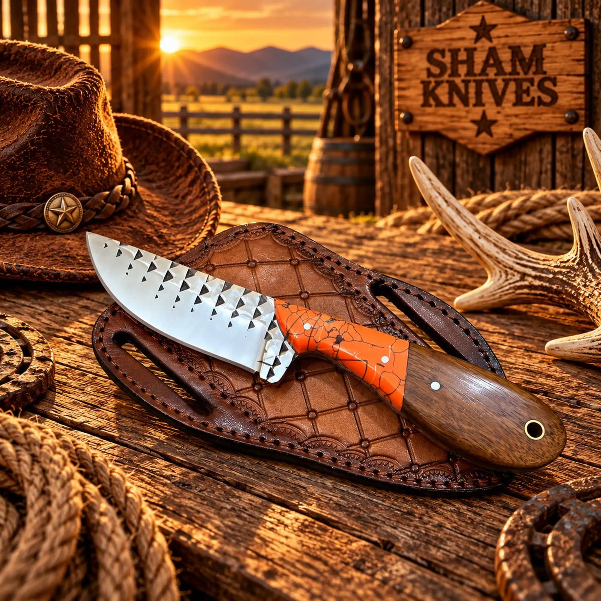 Rodeo Western Skinning Knife Rasp Steel Wood & Turquoise Handle 7.5" Tooled Sheath