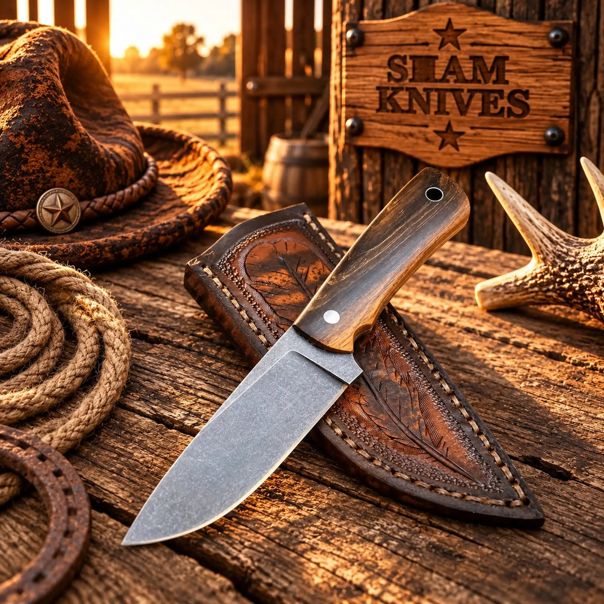 Rose Wood Trail Buckaroo Knife – 4″ D2 Acid Wash Blade & Cross-Draw Sheath