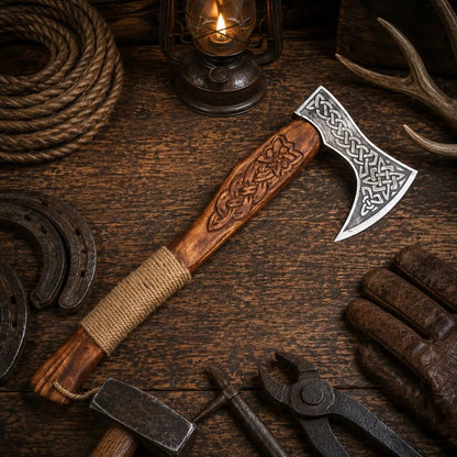 Runic Viking Axe – 1095 Carbon Steel with Norse Engraved Ash Wood Handle