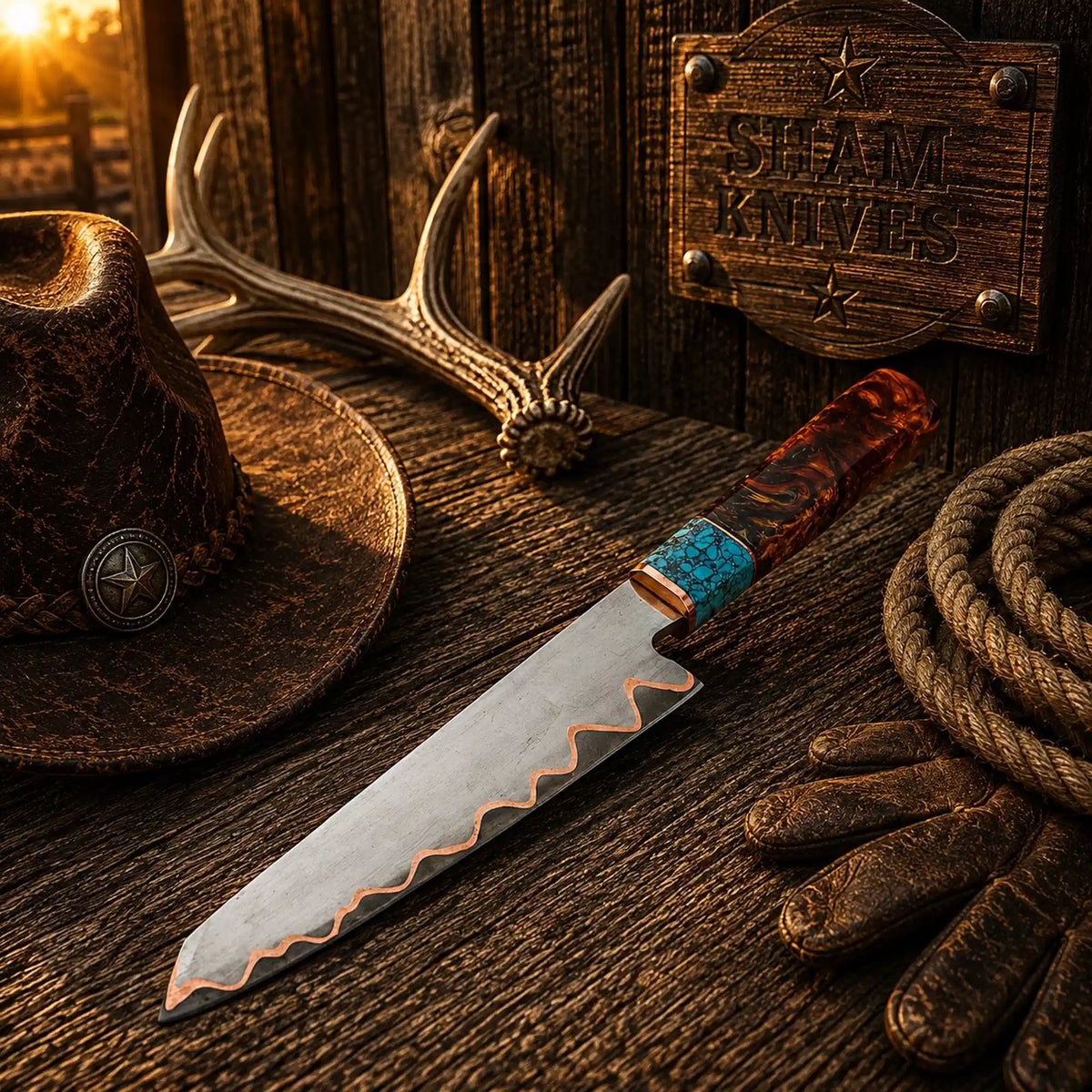 San Mai Copper Damascus Chef Knife – Turquoise Resin Handle