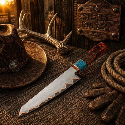 San Mai Copper Damascus Chef Knife – Turquoise Resin Handle