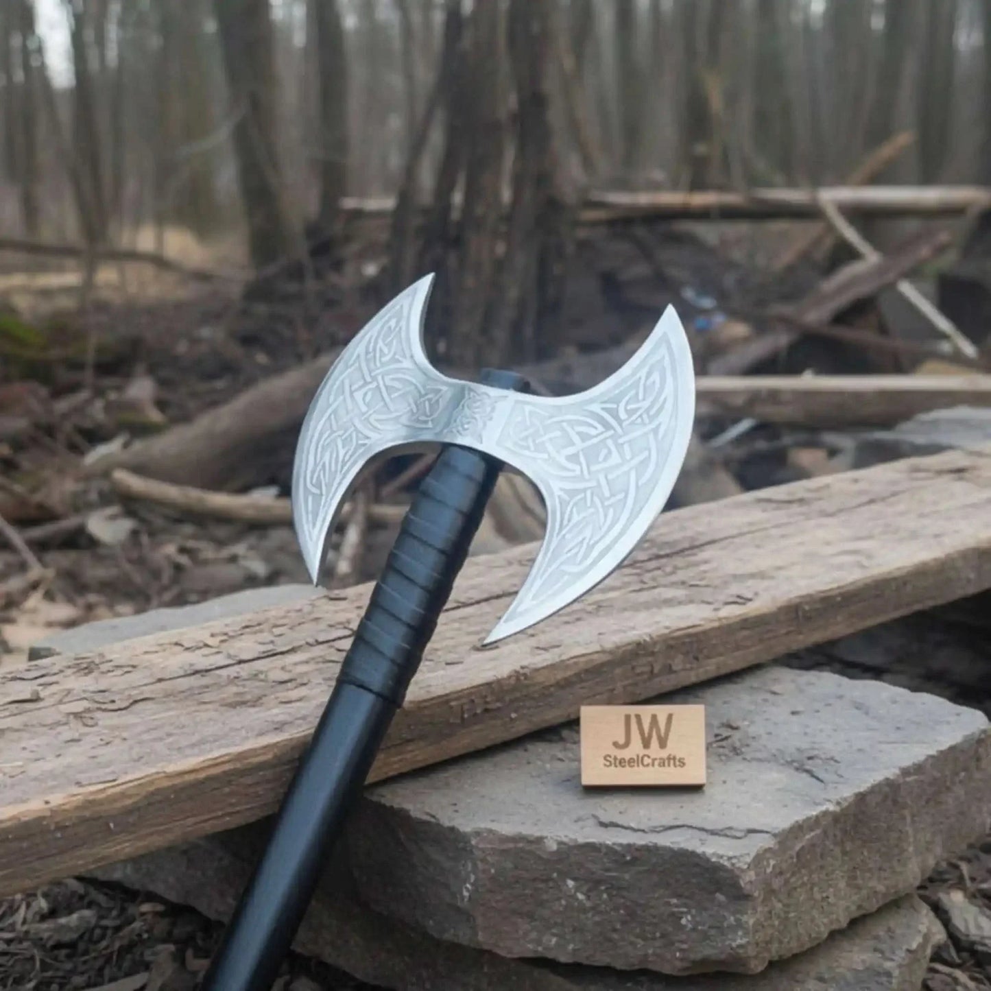 Custom Handmade Double-Headed Viking Axe with Nordic Knotwork Engravings and Cord-Wrapped Handle