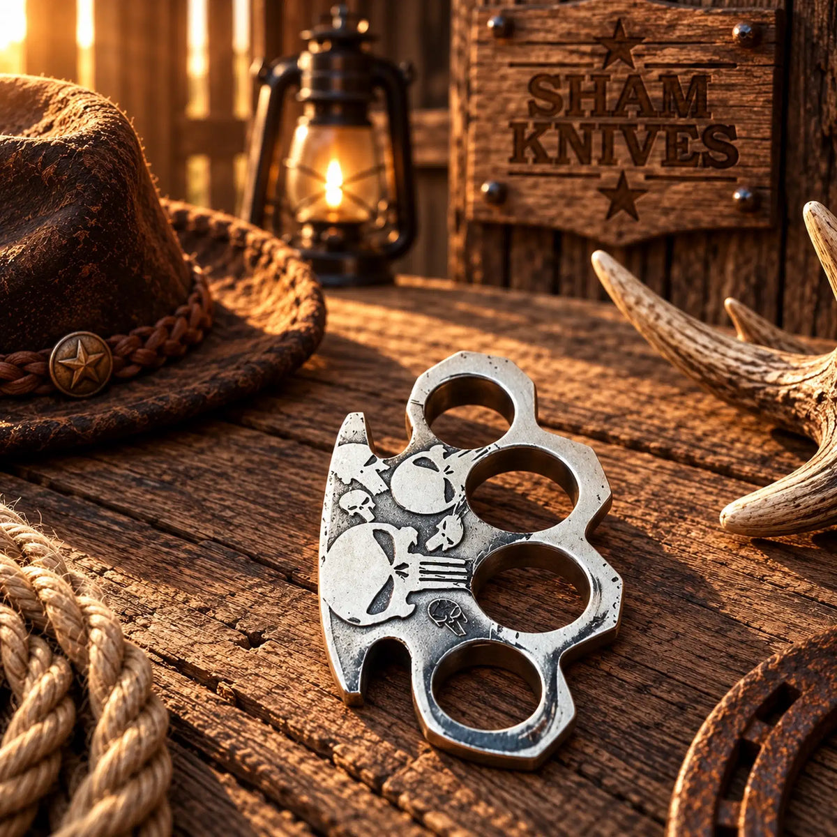 The Punisher Skull – Vintage-Style Engraved Knuckle Collectible with Leather Sheath