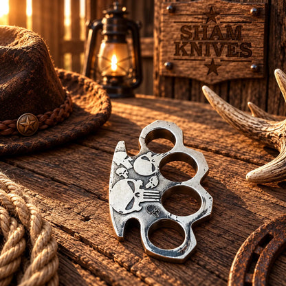 The Punisher Skull – Vintage-Style Engraved Knuckle Collectible with Leather Sheath