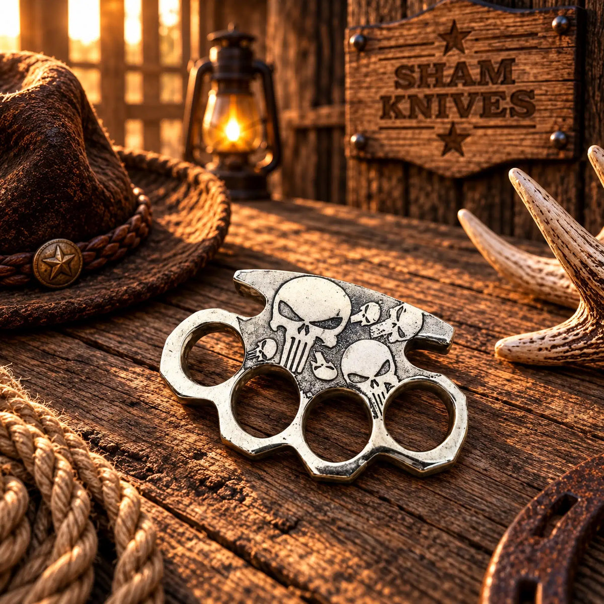 The Punisher Skull – Vintage-Style Engraved Knuckle Collectible with Leather Sheath