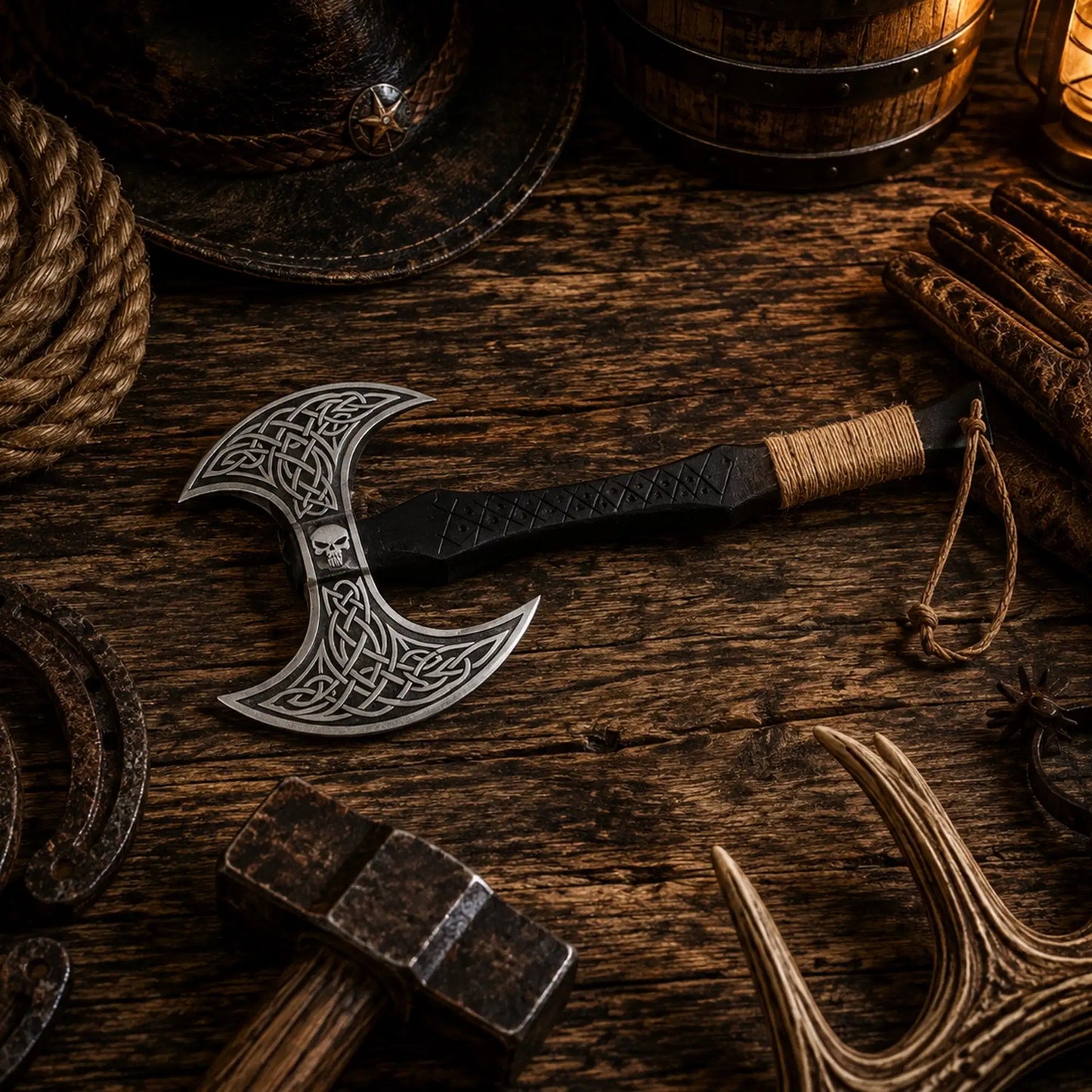 Skull Etched Double-Headed Viking Axe – Hand Forged Carbon Steel