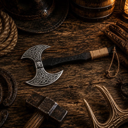 Skull Etched Double-Headed Viking Axe – Hand Forged Carbon Steel
