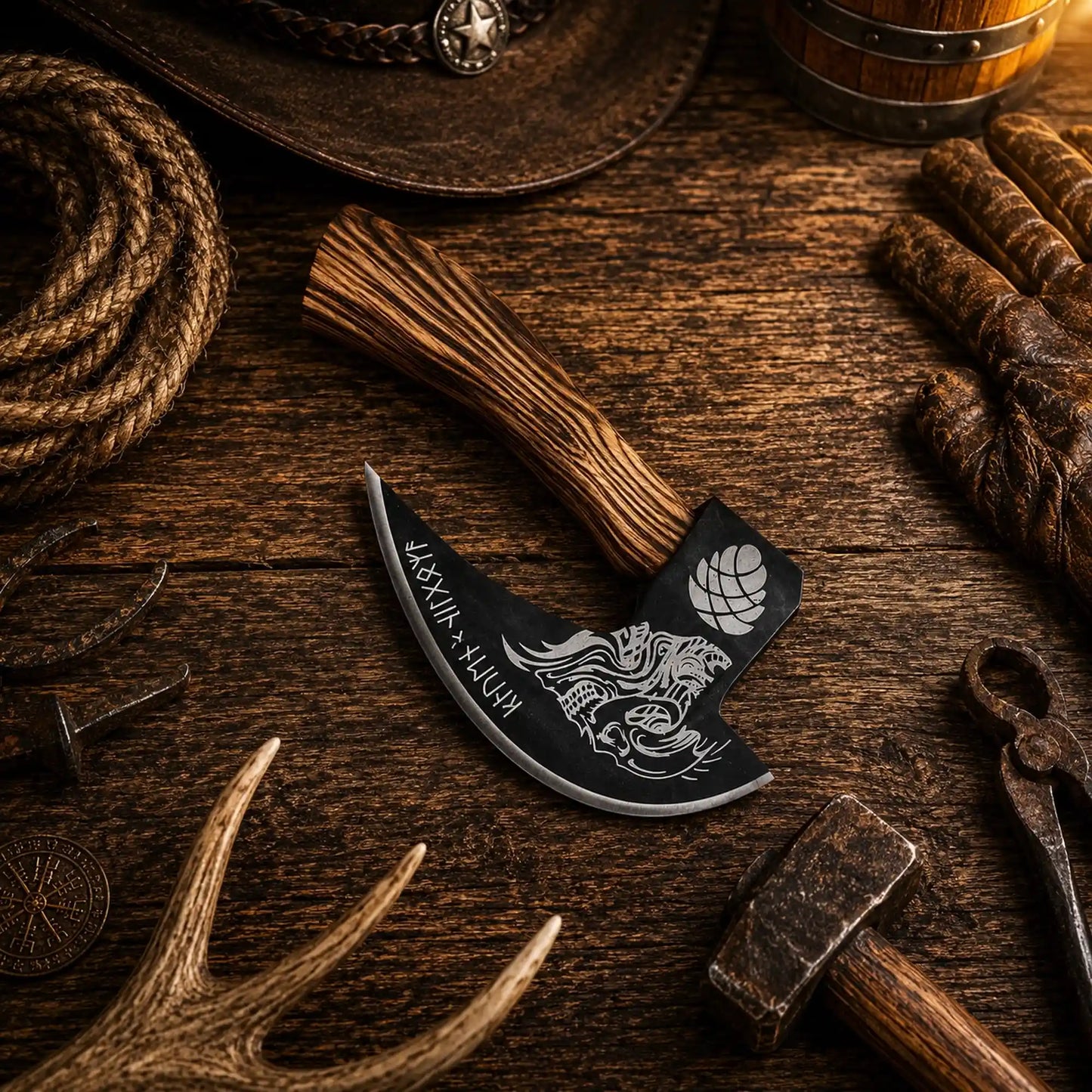 Skull Etched Pizza Cutter Axe – Medieval Carbon Steel Pizza Axe