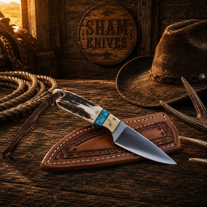 Stag & Turquoise Buckaroo Ranch Knife – D2 Steel & Pancake Sheath