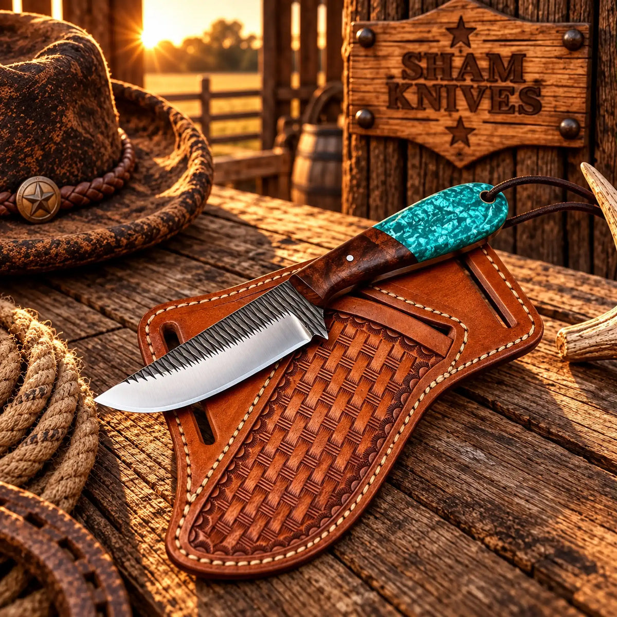 The Stampede Farrier Rasp Steel Western Cowboy Knife With Rosewood & Turquoise handle