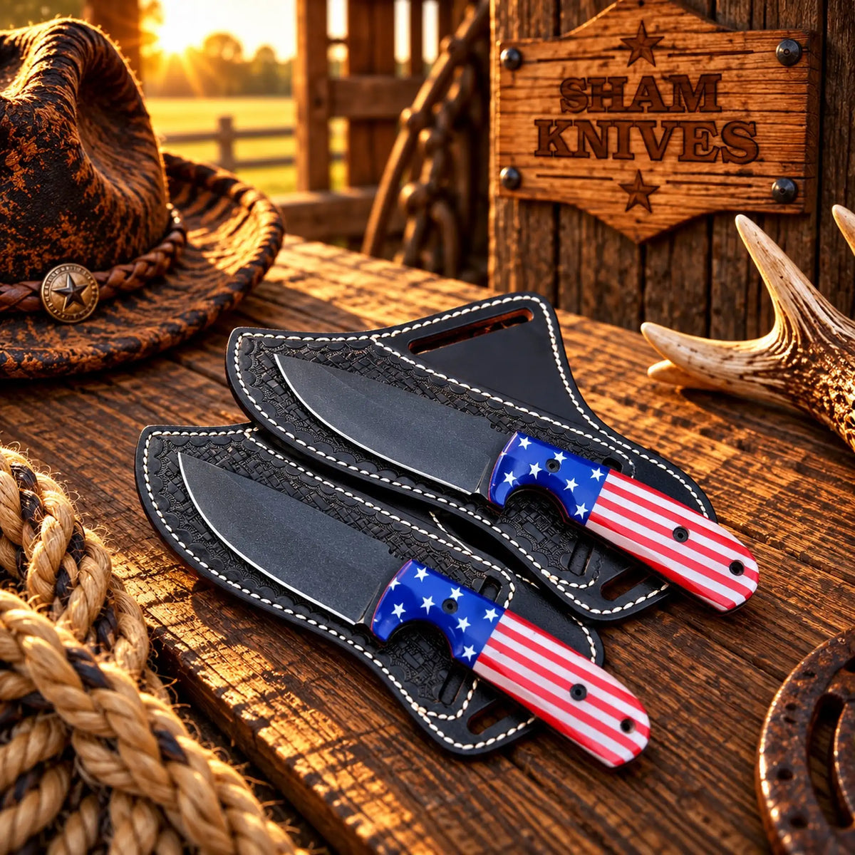 Stars & Stripes D2 Hunting Knife Set – Cowboy Skinner Pair with side belt leather sheath