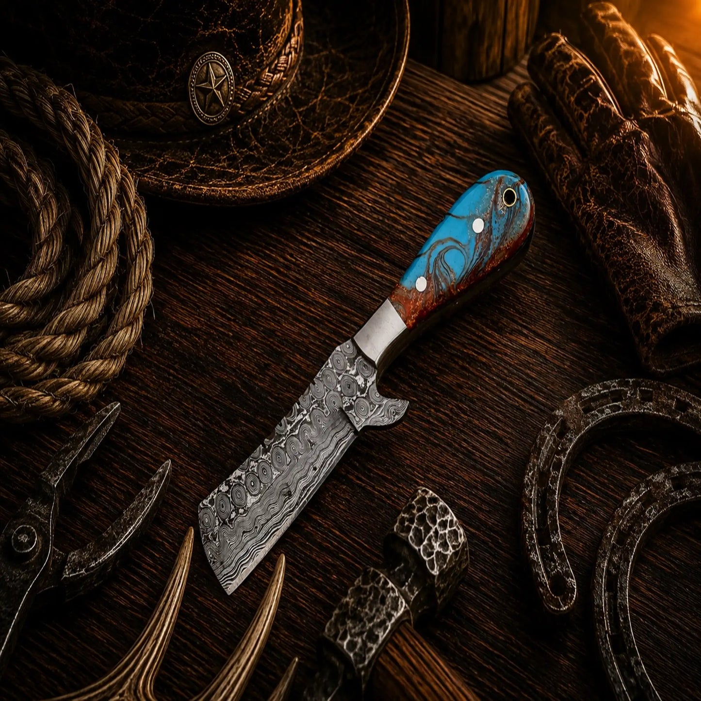 Stockman's Bull Cutter Knife – Handmade Damascus Steel with Epoxy Resin Handle
