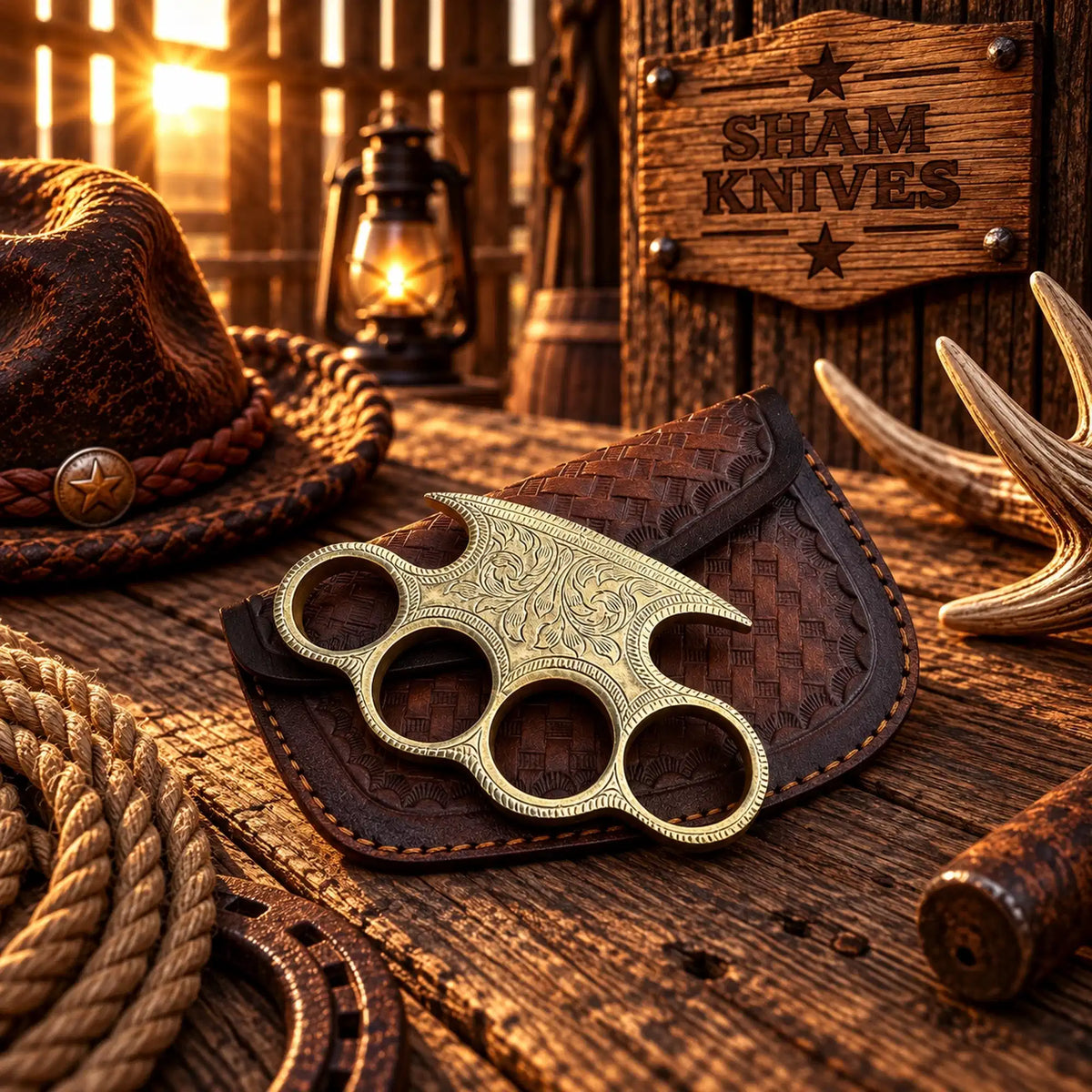 The Emperor – Ornate Engraved Brass Knuckle Display Piece with Leather Sheath