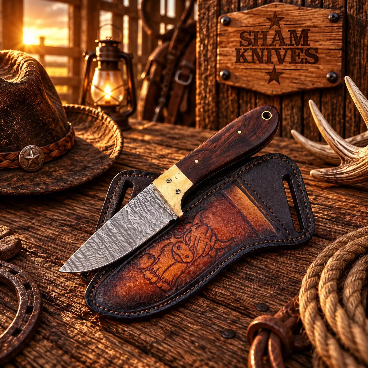 The Wrangler Damascus Steel Skinning Knife – Wood Handle & Back-Belt Leather Sheath