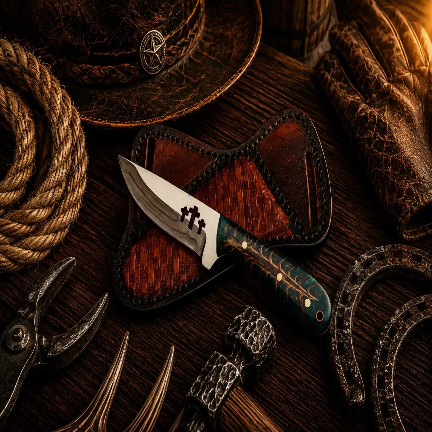 Three Cross Buckaroo Field Knife – 3.75" Handmade D2 Steel Pinecone Handle