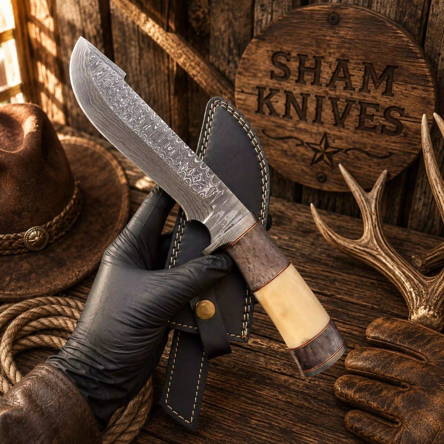 Trailing Point Black Widow Bowie – Damascus, Bone & Leather Sheath