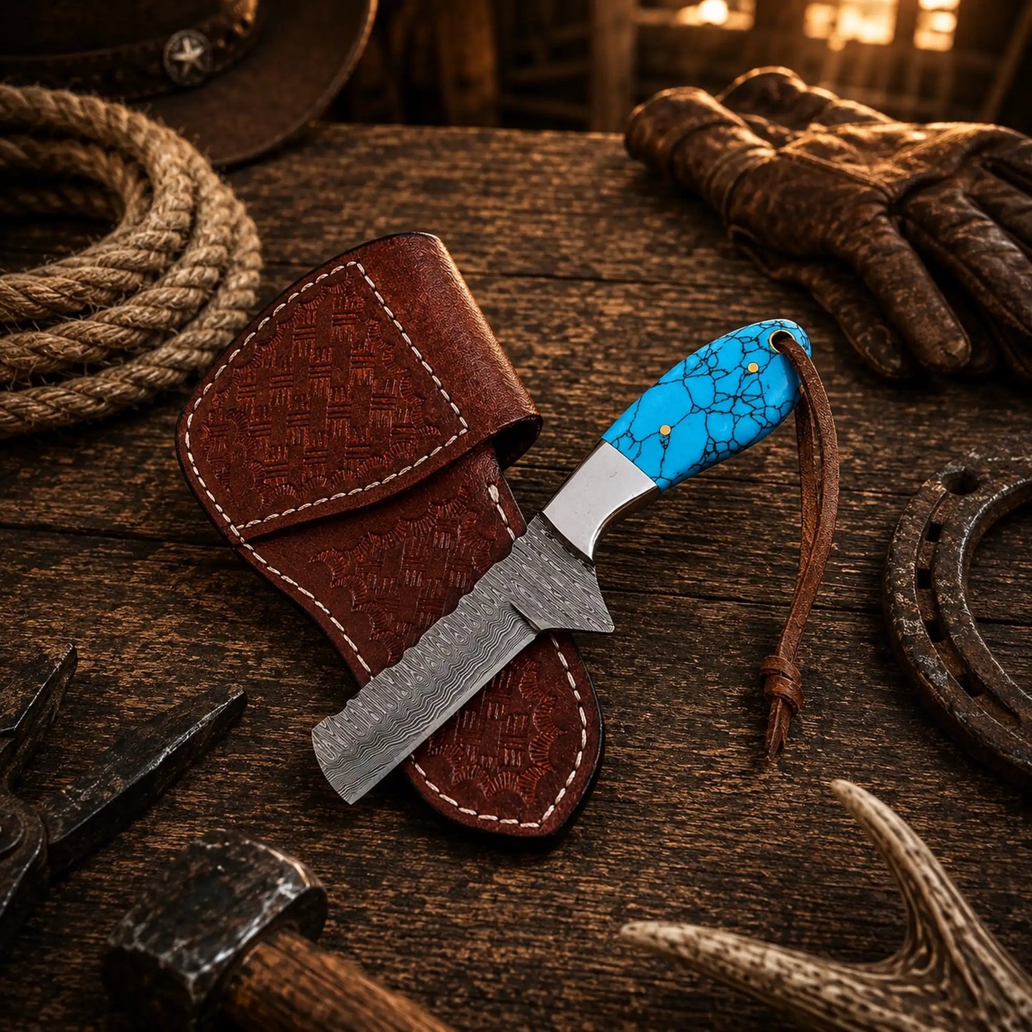 Handmade Turquoise Cowboy Bull Cutter Knife – 1095 Damascus Steel with Side Pancake Leather Sheath