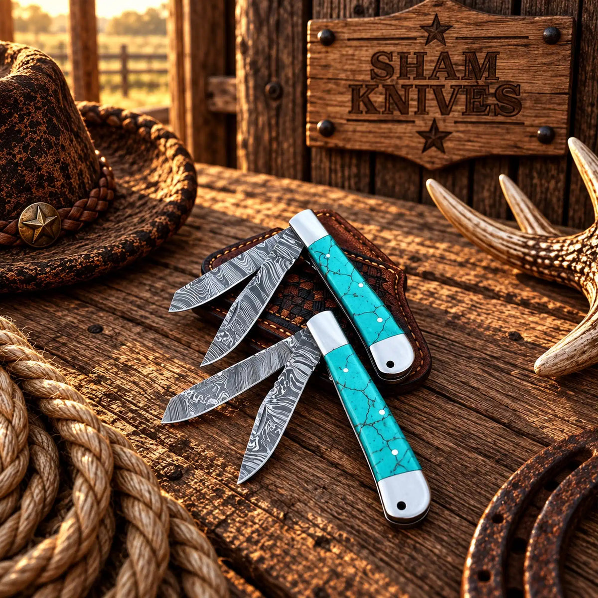 Turquoise Damascus Trapper Folding Knife – Double Blade & Leather Sheath