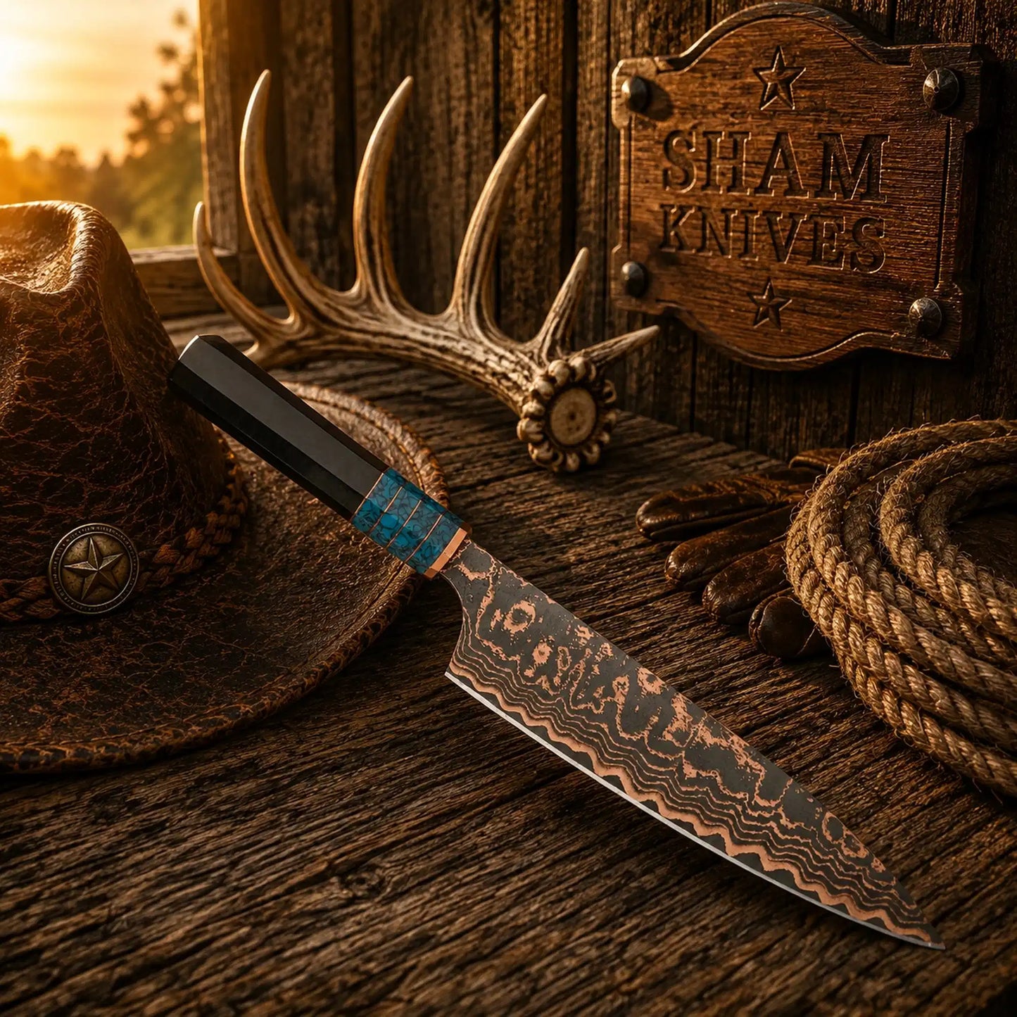 Turquoise Trail 13″ Copper Damascus Gyuto Chef Knife – Resin Handle