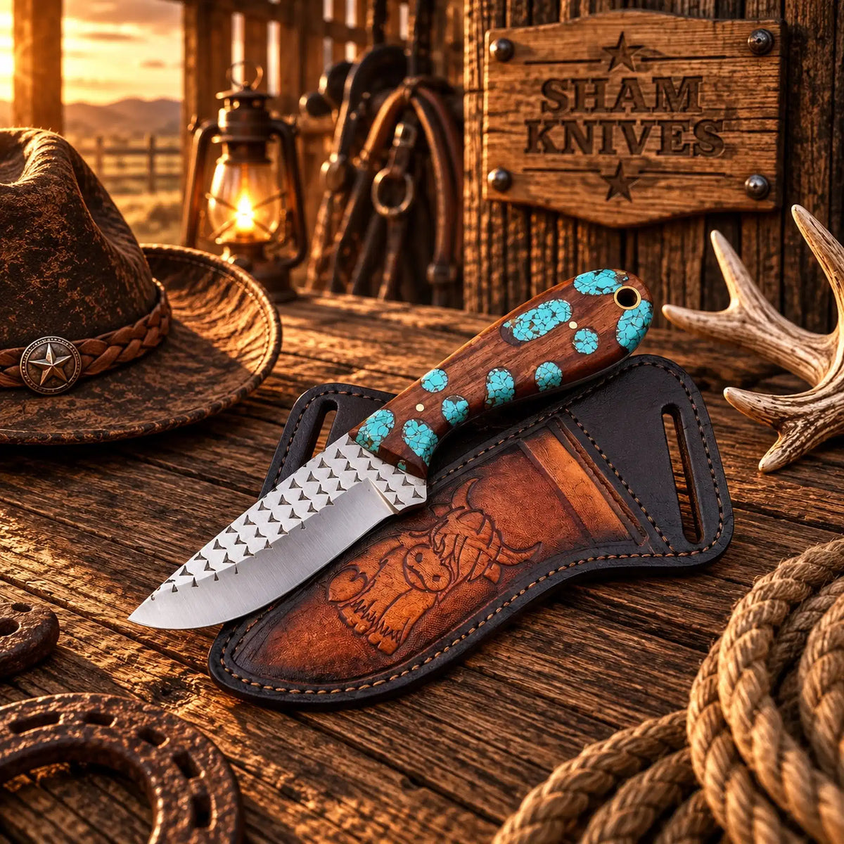 Turquoise & Wood Cowboy Field Dressing Knife – Rasp Steel & Sheath